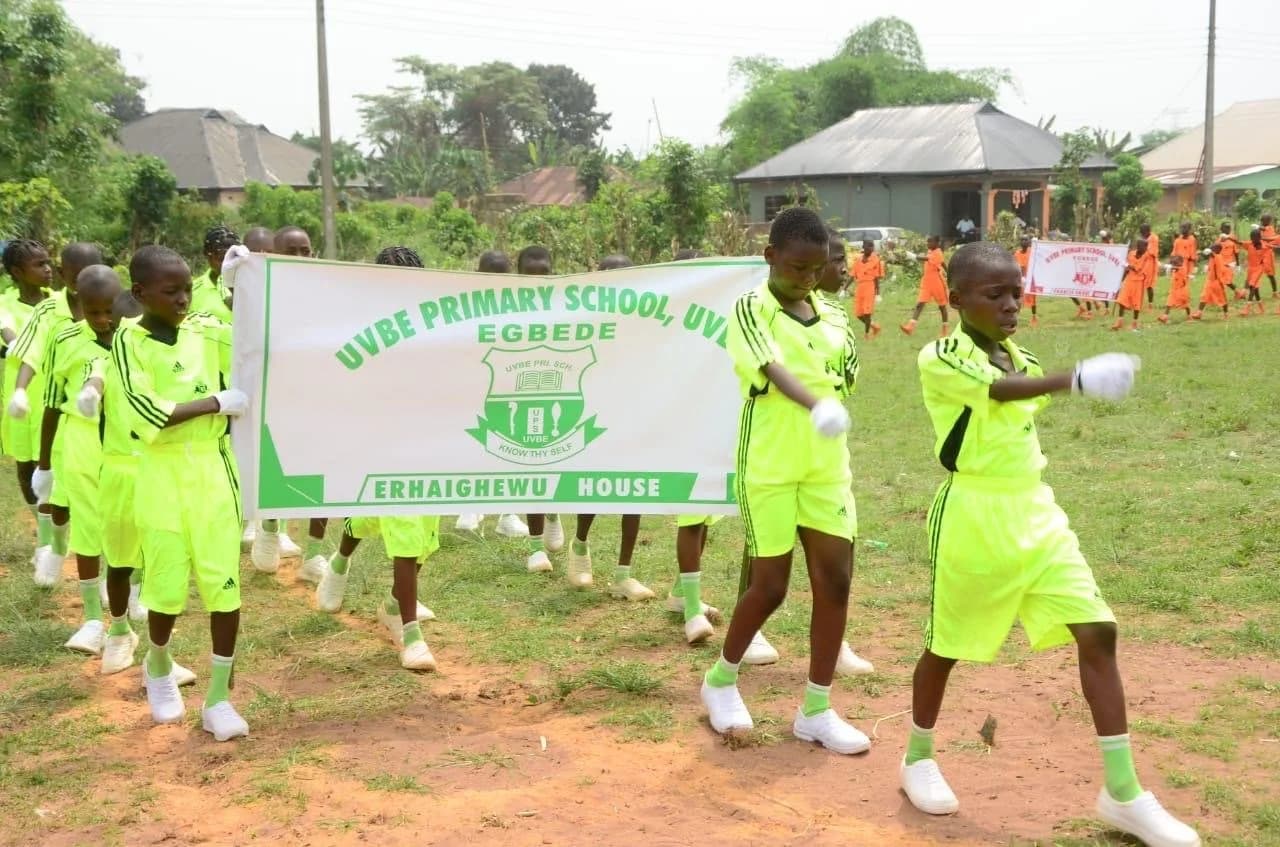 Children of Uvbe Primary School gathered outdoors